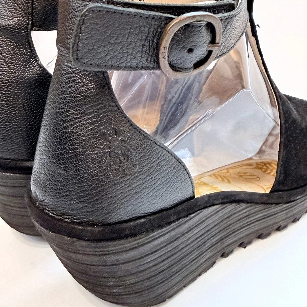 Fly London Yala Black Leather Suede Perforated Wedge Sandals Size 41 US 10-10.5